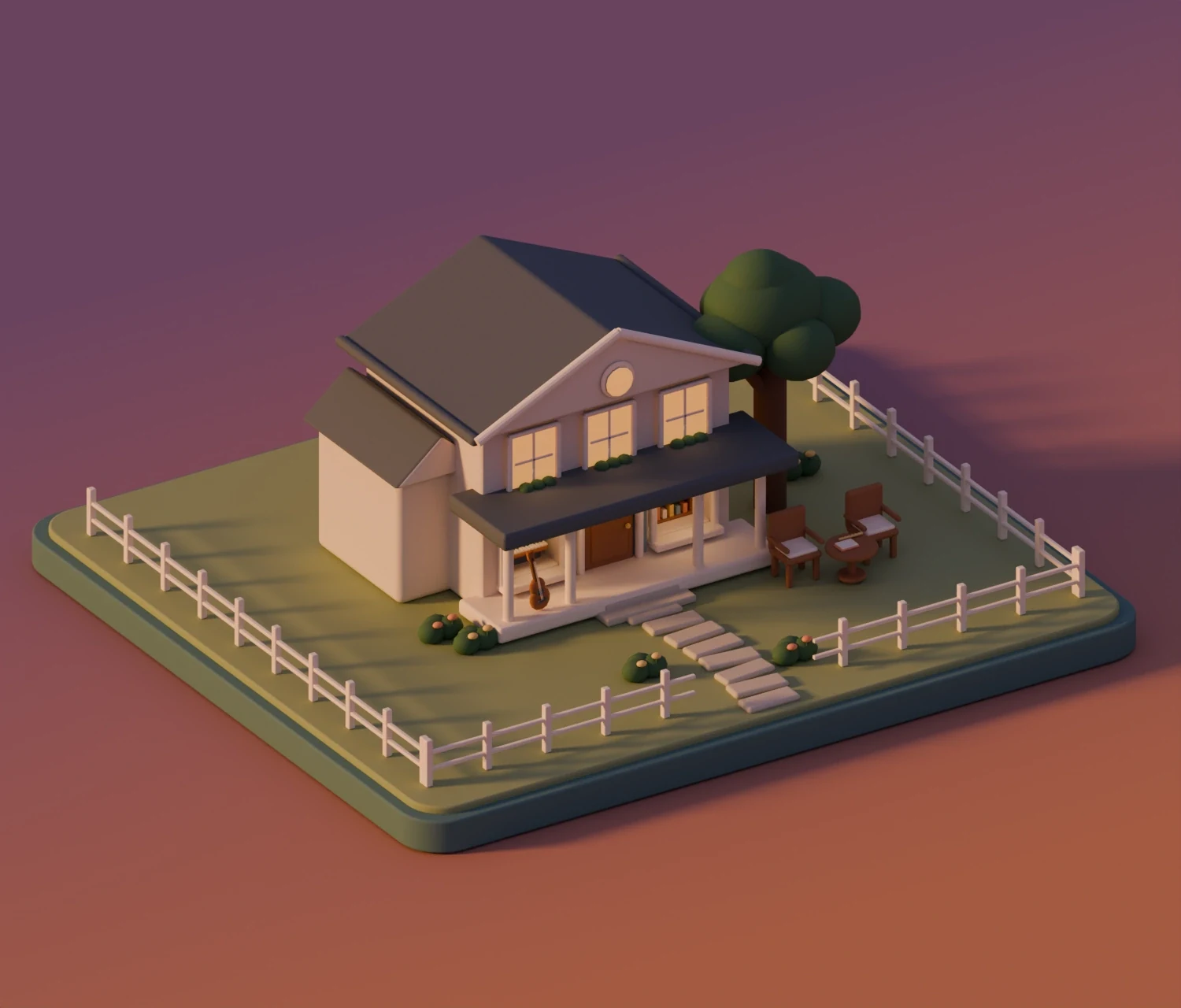 A miniature summer cottage in warm sunset light, with two garden chairs